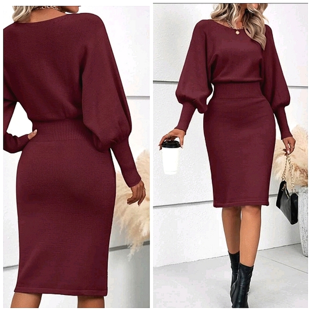 New Chic High Waist Lantern Sleeve Knit Sweater Dress Burgundy - Picture 2 of 7